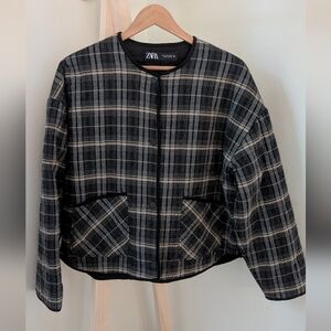 NWT Zara Black and Gray Plaid Bomber Jacket, Sz M